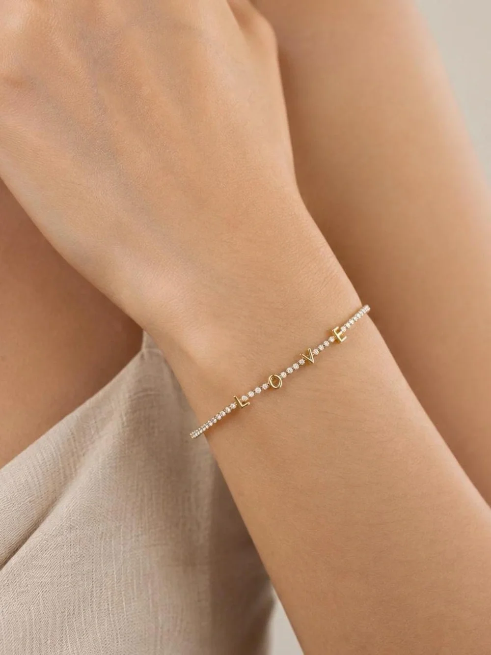 Gold LOVE Rhinestone Tennis Bracelet Adjustable